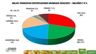 PÁGINA 12
ÍNDICE
JUNHO 2020
EUA; 54,6;
30%
BRASIL;
38,0; 21%
ARGENTINA; 34,0;
19%
UCRÂNIA; 33,0;
18%
RÚSSIA; 4,4;
2%
UE ; 4,4; 2%
PARAGUAI; 2,9;
2%
DEMAIS; 11,2;
6%
MILHO: PRINCIPAIS EXPORTADORES MUNDIAIS 2020/2021 - MILHÕES T E %
 
