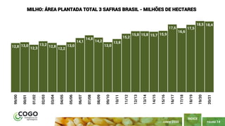 PÁGINA 14
ÍNDICE
JUNHO 2020
12,8 13,0
12,3
13,2 12,8
12,2
13,0
14,1
14,8
14,2
13,0
13,8
15,2
15,8 15,8 15,7 15,9
17,6
16,6
17,5
18,5 18,4
99/00
00/01
01/02
02/03
03/04
04/05
05/06
06/07
07/08
08/09
09/10
10/11
11/12
12/13
13/14
14/15
15/16
16/17
17/18
18/19
19/20
20/21
MILHO: ÁREA PLANTADA TOTAL 3 SAFRAS BRASIL - MILHÕES DE HECTARES
 