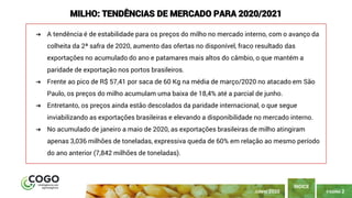 PÁGINA 2
ÍNDICE
JUNHO 2020
MILHO: TENDÊNCIAS DE MERCADO PARA 2020/2021
➔ A tendência é de estabilidade para os preços do milho no mercado interno, com o avanço da
colheita da 2ª safra de 2020, aumento das ofertas no disponível, fraco resultado das
exportações no acumulado do ano e patamares mais altos do câmbio, o que mantém a
paridade de exportação nos portos brasileiros.
➔ Frente ao pico de R$ 57,41 por saca de 60 Kg na média de março/2020 no atacado em São
Paulo, os preços do milho acumulam uma baixa de 18,4% até a parcial de junho.
➔ Entretanto, os preços ainda estão descolados da paridade internacional, o que segue
inviabilizando as exportações brasileiras e elevando a disponibilidade no mercado interno.
➔ No acumulado de janeiro a maio de 2020, as exportações brasileiras de milho atingiram
apenas 3,036 milhões de toneladas, expressiva queda de 60% em relação ao mesmo período
do ano anterior (7,842 milhões de toneladas).
 