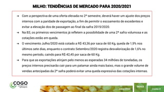 PÁGINA 4
ÍNDICE
JUNHO 2020
MILHO: TENDÊNCIAS DE MERCADO PARA 2020/2021
➔ Com a perspectiva de uma oferta elevada no 2º semestre, deverá haver um ajuste dos preços
internos com a paridade de exportação, a fim de permitir o escoamento de excedentes e
evitar a elevação dos de passagem ao final da safra 2019/2020.
➔ Na B3, os primeiros vencimentos já refletem a possibilidade de uma 2ª safra volumosa e as
cotações estão em queda.
➔ O vencimento Julho/2020 está cotado a R$ 43,36 por saca de 60 Kg, queda de 1,9% nos
últimos sete dias, enquanto o contrato Setembro/2020 registra desvalorização de 1,6% no
mesmo período, caindo para R$ 42,45 por saca de 60 Kg.
➔ Para que as exportações atinjam pelo menos as esperadas 34 milhões de toneladas, os
preços internos precisarão cair para um patamar ainda mais baixo, mas o grande volume de
vendas antecipadas da 2ª safra poderá evitar uma queda expressiva das cotações internas.
 