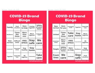 Bingo	Card	ID	015
COVID-19 Brand
Bingo
Family
Fluid
situation
Here
to	help
Coming
together
Safety
of	your
home
Resilience
...