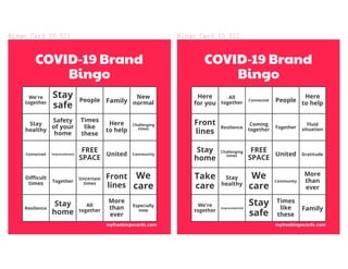 Bingo	Card	ID	021
COVID-19 Brand
Bingo
We're
together
Stay
safe
People Family
New
normal
Stay
healthy
Safety
of	your
home
...