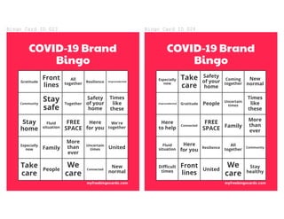 Bingo	Card	ID	023
COVID-19 Brand
Bingo
Gratitude
Front
lines
All
together Resilience Unprecedented
Community
Stay
safe
Tog...