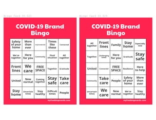 Bingo	Card	ID	025
COVID-19 Brand
Bingo
Safety
of	your
home
More
than
ever
Unprecedented
Times
like
these
Connected
We're
t...