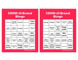 Bingo	Card	ID	029
COVID-19 Brand
Bingo
Gratitude
Coming
together United Unprecedented
Take
care
All
together
We're
togethe...