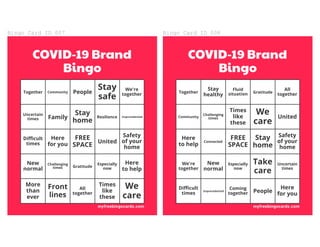 Bingo	Card	ID	007
COVID-19 Brand
Bingo
Together Community People
Stay
safe
We're
together
Uncertain
times Family
Stay
home...