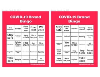 Bingo	Card	ID	009
COVID-19 Brand
Bingo
Fluid
situation United
More
than
ever
Front
lines
We
care
Stay
safe
Challenging
tim...