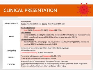 ASYMPTOMATIC
No symptoms.
Positive nasal swab test and Normal chest X-ray and CT scan
MILD
The most common:
• Fever (88%), Dry cough (59–82%), fatigue (44–70%).
The common:
• anorexia (38.8%), chest tightness (35.7%), shortness of breath (35%), and muscle soreness
(33%). Loss of smell (anosmia) (41.0%) and loss of taste (ageusia) (38.2%)
The less common:
• Headache (15.4%), pharyngalgia (13.1%), diarrhea (12.9%), shivering (10.9%), nausea and
vomiting (10.2%), and abdominal pain (4.4%)
MODERATE
Symptoms of pneumonia (persistent fever > 37.8 C and dry cough)
Without hypoxemia.
Crackles and wheezing in chest auscultation.
SEVERE
Pneumonia with dyspnea and hypoxemia (SpO2 < 92%)
Other symptoms diarrhea, vomiting and nausea.
CRITICAL
Severe difficulty of breathing and shortness of breath, chest pain
Plus symptoms of complications of acute respiratory distress syndrome, shock, coagulation
defects, encephalopathy, heart failure and acute kidney injury
CLINICAL PRESENTATION
 