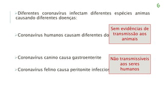 Diferentes coronavírus infectam diferentes espécies animas
causando diferentes doenças:
Coronavírus humanos causam diferentes doenças
Coronavírus canino causa gastroenterite
Coronavírus felino causa peritonite infecciosa
Não transmissíveis
aos seres
humanos
Sem evidências de
transmissão aos
animais
 
