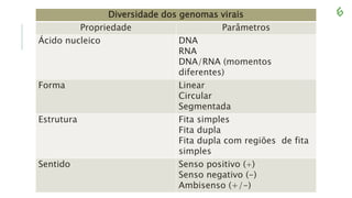 Diversidade dos genomas virais
Propriedade Parâmetros
Ácido nucleico DNA
RNA
DNA/RNA (momentos
diferentes)
Forma Linear
Circular
Segmentada
Estrutura Fita simples
Fita dupla
Fita dupla com regiões de fita
simples
Sentido Senso positivo (+)
Senso negativo (-)
Ambisenso (+/-)
 