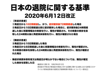 日本の退院に関する基準
2020年6月12日改正
• 【有症状患者】
①発症日から10日間経過し、かつ、症状軽快後72時間経過した場合
②発症日から10日間経過以前に症状軽快した場合に、症状軽快後24時間経
過した後に核酸増幅法の検査を行い、陰性が確認され、その検査の検体を採
取した24時間以後に再度検体採取を行い、陰性が確認された場合
• 【無症状患者】
③発症日から10日間経過した場合
④発症日から6日間経過した後に核酸増幅法の検査を行い、陰性が確認され、
その検査の検体を採取した24時間以後に再度検体採取を行い、陰性が確認さ
れた場合
• 無症状病原体保有者又は発症日が明らかでない場合については、陽性が確定
した検体を採取した日
健感0612第1号　令和2年6月12日
感染症の予防及び感染症の患者に対する医療に関する法律における新型コロナ
ウイルス感染症患者の退院及び就業制限の取扱いについて(一部改正)
 