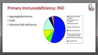 Primary Immunodeficiency: PAD
• Agamaglobulinemia
• CVID
• Selective IGA deficiency
 