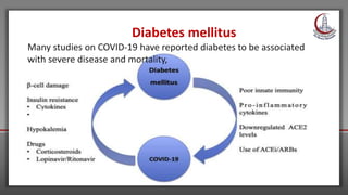 Diabetes mellitus
Many studies on COVID-19 have reported diabetes to be associated
with severe disease and mortality,
 