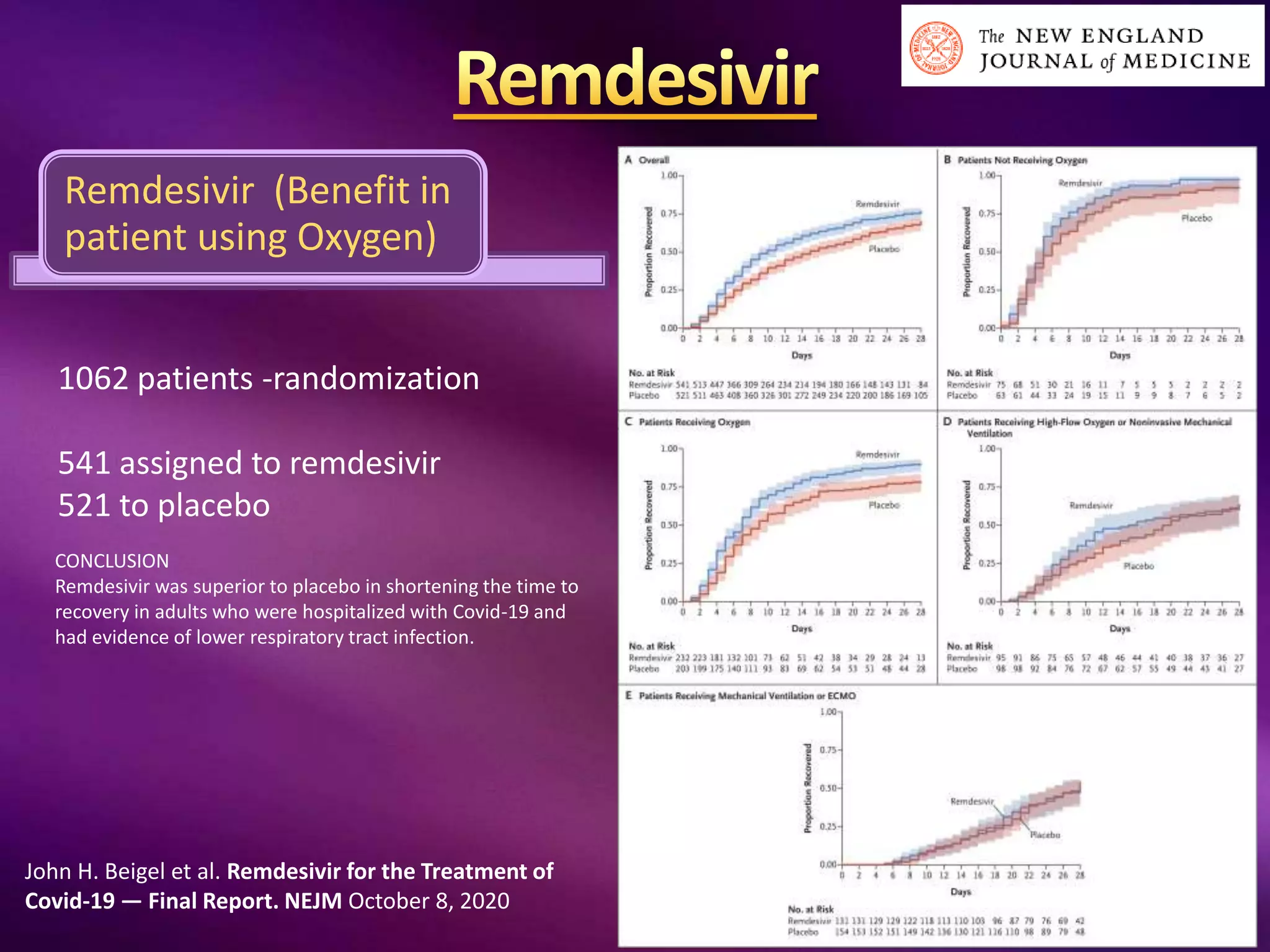 Remdesivir (Benefit in
patient using Oxygen)
1062 patients -randomization
541 assigned to remdesivir
521 to placebo
John H. Beigel et al. Remdesivir for the Treatment of
Covid-19 — Final Report. NEJM October 8, 2020
CONCLUSION
Remdesivir was superior to placebo in shortening the time to
recovery in adults who were hospitalized with Covid-19 and
had evidence of lower respiratory tract infection.
 
