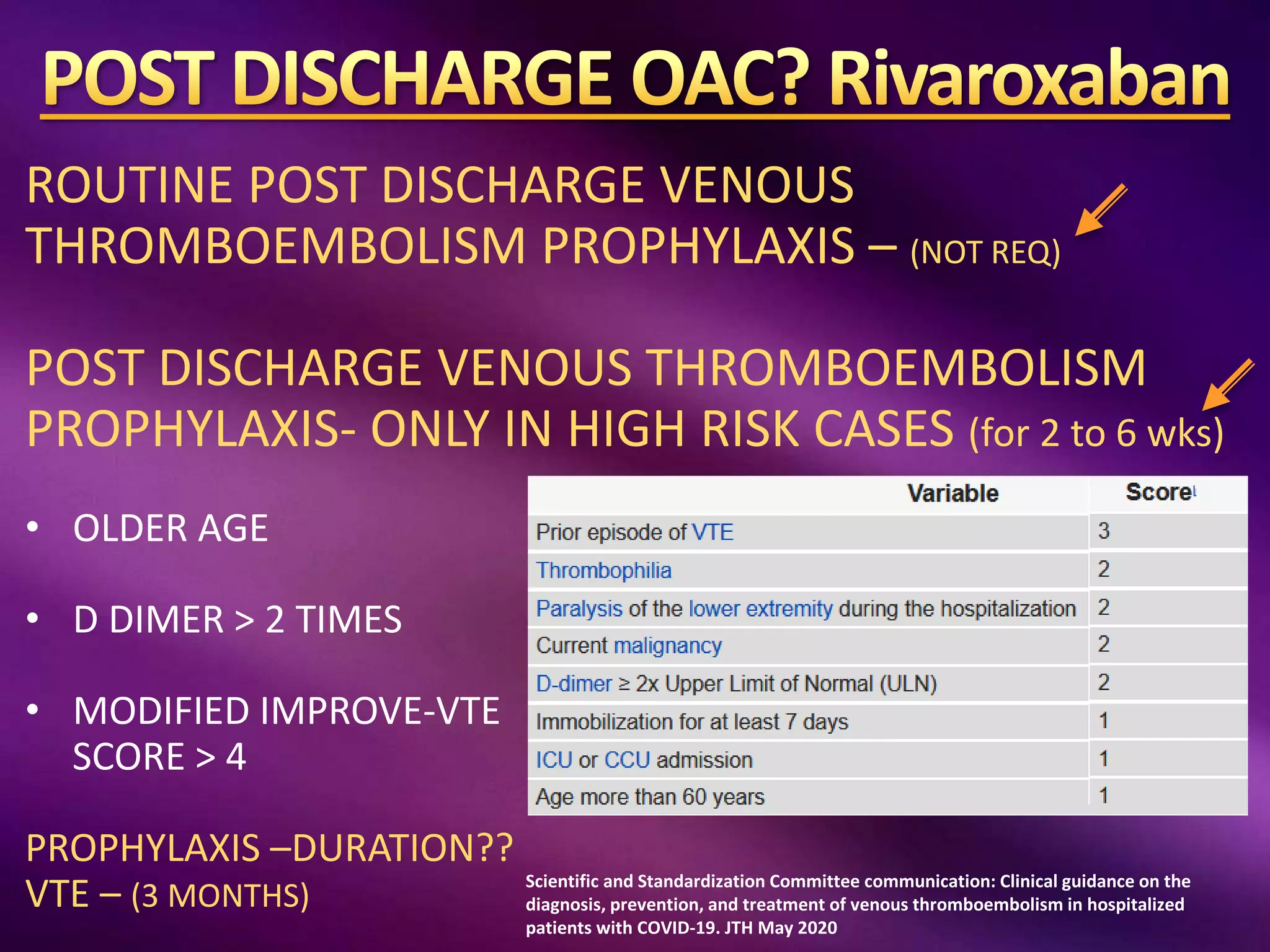ROUTINE POST DISCHARGE VENOUS
THROMBOEMBOLISM PROPHYLAXIS – (NOT REQ)
POST DISCHARGE VENOUS THROMBOEMBOLISM
PROPHYLAXIS- ONLY IN HIGH RISK CASES (for 2 to 6 wks)
• OLDER AGE
• D DIMER > 2 TIMES
• MODIFIED IMPROVE-VTE
SCORE > 4
PROPHYLAXIS –DURATION??
VTE – (3 MONTHS)
Scientific and Standardization Committee communication: Clinical guidance on the
diagnosis, prevention, and treatment of venous thromboembolism in hospitalized
patients with COVID‐19. JTH May 2020
 
