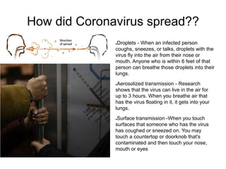 How did Coronavirus spread??
●. ●Droplets - When an infected person
coughs, sneezes, or talks, droplets with the
virus fly into the air from their nose or
mouth. Anyone who is within 6 feet of that
person can breathe those droplets into their
lungs.
●Aerosolized transmission - Research
shows that the virus can live in the air for
up to 3 hours. When you breathe air that
has the virus floating in it, it gets into your
lungs.
●Surface transmission -When you touch
surfaces that someone who has the virus
has coughed or sneezed on. You may
touch a countertop or doorknob that's
contaminated and then touch your nose,
mouth or eyes
 