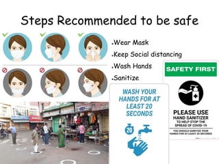 Steps Recommended to be safe
●Wear Mask
●Keep Social distancing
●Wash Hands
●Sanitize
 