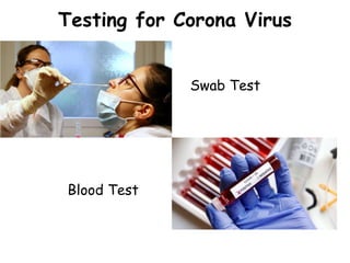 Testing for Corona Virus
Swab Test
Blood Test
 