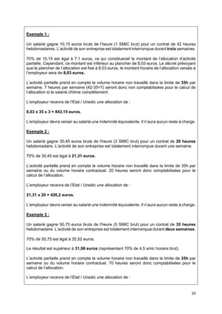 10
Exemple 1 :
Un salarié gagne 10,15 euros bruts de l’heure (1 SMIC brut) pour un contrat de 42 heures
hebdomadaires. L’activité de son entreprise est totalement interrompue durant trois semaines.
70% de 10,15 est égal à 7,1 euros, ce qui constituerait le montant de l’allocation d’activité
partielle. Cependant, ce montant est inférieur au plancher de 8,03 euros. Le décret prévoyant
que le plancher de l’allocation est fixé à 8,03 euros, le montant horaire de l’allocation versée à
l’employeur sera de 8,03 euros.
L’activité partielle prend en compte le volume horaire non travaillé dans la limite de 35h par
semaine. 7 heures par semaine (42-35=7) seront donc non comptabilisées pour le calcul de
l’allocation si le salarié chôme complétement.
L’employeur recevra de l’Etat / Unedic une allocation de :
8,03 x 35 x 3 = 843,15 euros.
L’employeur devra verser au salarié une indemnité équivalente. Il n’aura aucun reste à charge.
Exemple 2 :
Un salarié gagne 30,45 euros bruts de l’heure (3 SMIC brut) pour un contrat de 20 heures
hebdomadaire. L’activité de son entreprise est totalement interrompue durant une semaine.
70% de 30,45 est égal à 21,31 euros.
L’activité partielle prend en compte le volume horaire non travaillé dans la limite de 35h par
semaine ou du volume horaire contractuel. 20 heures seront donc comptabilisées pour le
calcul de l’allocation.
L’employeur recevra de l’Etat / Unedic une allocation de :
21,31 x 20 = 426,2 euros.
L’employeur devra verser au salarié une indemnité équivalente. Il n’aura aucun reste à charge.
Exemple 3 :
Un salarié gagne 50,75 euros bruts de l’heure (5 SMIC brut) pour un contrat de 35 heures
hebdomadaire. L’activité de son entreprise est totalement interrompue durant deux semaines.
70% de 50,75 est égal à 35,52 euros.
Le résultat est supérieur à 31,98 euros (représentant 70% de 4,5 smic horaire brut).
L’activité partielle prend en compte le volume horaire non travaillé dans la limite de 35h par
semaine ou du volume horaire contractuel. 70 heures seront donc comptabilisées pour le
calcul de l’allocation.
L’employeur recevra de l’Etat / Unedic une allocation de :
 