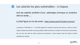 Les salariés les plus vulnérables – à risques
sont les salariés souffrant d’une pathologie chronique ou évolutive
dans la durée,....
La liste figure sur le site ameli : https://www.ameli.fr/cotes-d-armor/
L’ordonnance n°2020-386 du 1er avril 2020 adaptant les conditions d’exercice des service en santé au travail à
l’urgence sanitaire (les décrets ne sont pas publiés) modifie les fonctions du médecin du travail celui-ci peut prescrire
des avis pour des arrêts de travail concernant les personnes à risque exerçant dans des secteurs d’activité
spécifiques par exemple.
15
 
