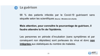 La guérison
98 % des patients infectés par le Covid-19 guérissent sans
séquelle selon les scientifiques (Source : Ministère de la Santé).
Mais attention, pour connaître le pourcentage de guérison, il
faudra attendre la fin de l'épidémie.
Les personnes en période d’incubation (sans symptômes et par
conséquent non dépistées) sont porteuses du virus et donc non
intégrées aux statistiques du nombre de malades.
20
 