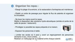 Organiser les repas :
- Elargir la plage d’ouverture, si la restauration d’entreprise est maintenue.
- Etablir un ordre de passage pour réguler le flux de salariés et organiser
la circulation.
- Se laver les mains avant le repas.
Mettre à disposition des solutions hydro-alcooliques (entrée et sortie de la
salle de pause / restaurant).
- Privilégier si possible les repas préparés à la maison.
- Espacer les personnes à table.
- Limiter les accès où il peut y avoir un regroupement de personnes
(fontaine à eau, micro ondes,…).
Réaliser un nettoyage de ce matériel entre chaque salarié.
38
 