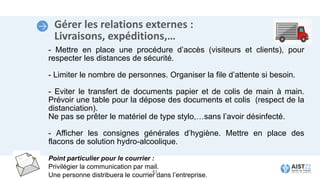 Gérer les relations externes :
Livraisons, expéditions,…
- Mettre en place une procédure d’accès (visiteurs et clients), pour
respecter les distances de sécurité.
- Limiter le nombre de personnes. Organiser la file d’attente si besoin.
- Eviter le transfert de documents papier et de colis de main à main.
Prévoir une table pour la dépose des documents et colis (respect de la
distanciation).
Ne pas se prêter le matériel de type stylo,…sans l’avoir désinfecté.
- Afficher les consignes générales d’hygiène. Mettre en place des
flacons de solution hydro-alcoolique.
Point particulier pour le courrier :
Privilégier la communication par mail.
Une personne distribuera le courrier dans l’entreprise.
41
 