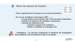 Aérer les locaux de travail :
- Aérer régulièrement les locaux en ouvrant les fenêtres.
- En cas de ventilation mécanique (VMC,…) :
- ne pas obstruer les entrées d’air ni les bouches d’extraction,
- maintenir le système de ventilation mécanique,
- centrale de traitement d’air :
- maintenir l’apport d’air extérieur,
- arrêter si possible le recyclage d’air.
- Ventilateurs : ils peuvent augmenter la distance de propagation
des postillons s’ils sont placés à côté d’un salarié.
48
 