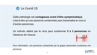 Cette pathologie est contagieuse avant d’être symptomatique,
c’est-à-dire qu’une personne contaminée peut transmettre le virus à
d’autres personnes.
Un individu atteint par le virus peut contaminer 2 à 3 personnes en
l’absence de mesure.
Pour information, une personne contaminée par la grippe saisonnière contamine une
personne.
Le Covid 19
5
 
