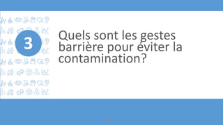 Quels sont les gestes
barrière pour éviter la
contamination?
3
54
 