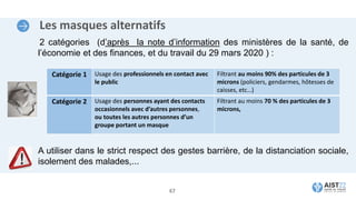 Les masques alternatifs
2 catégories (d’après la note d’information des ministères de la santé, de
l’économie et des finances, et du travail du 29 mars 2020 ) :
A utiliser dans le strict respect des gestes barrière, de la distanciation sociale,
isolement des malades,...
Catégorie 1 Usage des professionnels en contact avec
le public
Filtrant au moins 90% des particules de 3
microns (policiers, gendarmes, hôtesses de
caisses, etc…)
Catégorie 2 Usage des personnes ayant des contacts
occasionnels avec d’autres personnes,
ou toutes les autres personnes d’un
groupe portant un masque
Filtrant au moins 70 % des particules de 3
microns,
67
 