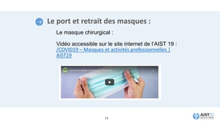 Le port et retrait des masques :
Le masque chirurgical :
Vidéo accessible sur le site internet de l’AIST 19 :
/COVID19 – Masques et activités professionnelles |
AIST19
74
 