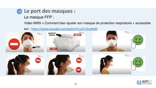 Le port des masques :
Le masque FFP :
Vidéo INRS « Comment bien ajuster son masque de protection respiratoire » accessible
sur : https://www.youtube.com/watch?v=zI2-ChcyRaM
76
 