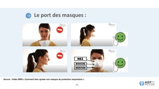 Le port des masques :
Source : Vidéo INRS « Comment bien ajuster son masque de protection respiratoire »
77
 