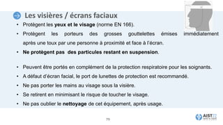 Les visières / écrans faciaux
• Protègent les yeux et le visage (norme EN 166).
• Protègent les porteurs des grosses gouttelettes émises immédiatement
après une toux par une personne à proximité et face à l’écran.
• Ne protègent pas des particules restant en suspension.
• Peuvent être portés en complément de la protection respiratoire pour les soignants.
• A défaut d’écran facial, le port de lunettes de protection est recommandé.
• Ne pas porter les mains au visage sous la visière.
• Se retirent en minimisant le risque de toucher le visage.
• Ne pas oublier le nettoyage de cet équipement, après usage.
79
 