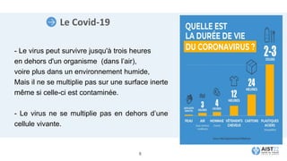 - Le virus peut survivre jusqu'à trois heures
en dehors d'un organisme (dans l’air),
voire plus dans un environnement humide,
Mais il ne se multiplie pas sur une surface inerte
même si celle-ci est contaminée.
- Le virus ne se multiplie pas en dehors d’une
cellule vivante.
Le Covid-19
8
 
