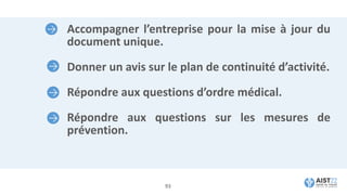 Accompagner l’entreprise pour la mise à jour du
document unique.
Donner un avis sur le plan de continuité d’activité.
Répondre aux questions d’ordre médical.
Répondre aux questions sur les mesures de
prévention.
93
 
