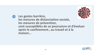 Les gestes barrière,
les mesures de distanciation sociale,
les mesures de prévention,
sont susceptibles de se poursuivre et d’évoluer
après le confinement…au travail et à la
maison…
97
 