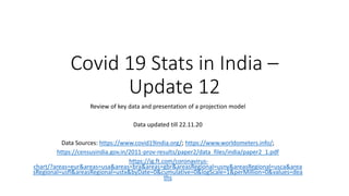 Covid 19 Stats in India –
Update 12
Review of key data and presentation of a projection model
Data updated till 22.11.20
Data Sources: https://www.covid19india.org/; https://www.worldometers.info/;
https://censusindia.gov.in/2011-prov-results/paper2/data_files/india/paper2_1.pdf
https://ig.ft.com/coronavirus-
chart/?areas=eur&areas=usa&areas=bra&areas=gbr&areasRegional=usny&areasRegional=usca&area
sRegional=usfl&areasRegional=ustx&byDate=0&cumulative=0&logScale=1&perMillion=0&values=dea
ths
 