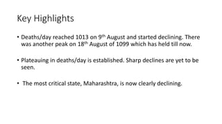 Key Highlights
• Deaths/day reached 1013 on 9th August and started declining. There
was another peak on 18th August of 1099 which has held till now.
• Plateauing in deaths/day is established. Sharp declines are yet to be
seen.
• The most critical state, Maharashtra, is now clearly declining.
 