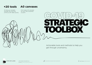 COVID-19
STRATEGIC
TOOLBOX
S P R I N T L A B S
Actionable tools and methods to help you
get through uncertainty.
ANTI-CRISIS TOOLBOXV.1.0 DEVELOPED BYSTRATEGYTEAMATDDBPRAGUE Made in Prague | Delivered to the World
hello@ddb.cz for training, workshops and sprint inquires
+20 tools
To help you navigate
through the crisis and
come up with ideas quickly
Print-ready A0 canvases
for your next workshop
or sprint
A0 canvases
 