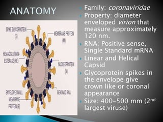 Family: coronaviridae
 Property: diameter
enveloped virion that
measure approximately
120 nm.
 RNA: Positive sense,
Single Standard mRNA
 Linear and Helical
Capsid
 Glycoprotein spikes in
the envelope give
crown like or coronal
appearance
 Size: 400-500 mm (2nd
largest viruse)
 
