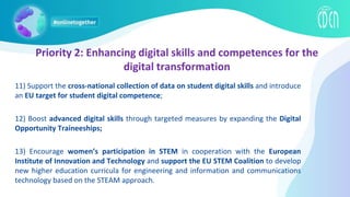 11) Support the cross-national collection of data on student digital skills and introduce
an EU target for student digital competence;
12) Boost advanced digital skills through targeted measures by expanding the Digital
Opportunity Traineeships;
13) Encourage women’s participation in STEM in cooperation with the European
Institute of Innovation and Technology and support the EU STEM Coalition to develop
new higher education curricula for engineering and information and communications
technology based on the STEAM approach.
Priority 2: Enhancing digital skills and competences for the
digital transformation
 