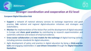 European Digital Education Hub
• Support a network of national advisory services to exchange experience and good
practice, link national and regional digital-education initiatives and strategies and
stakeholders;
• Monitor the implementation of the Action Plan and the development of digital education
in Europe and share good practices by contributing to research experimentation and
systematic collection and analysis of empirical evidence;
• Cross-sector collaboration and new models for the exchange of digital learning content,
including common standards for digital education;
• Agile development of policy and practice in digital education by being a think-and-do-
tank and engaging stakeholders in user-driven innovation through the Digital Education
Hackathon.
Stronger coordination and cooperation at EU level
 