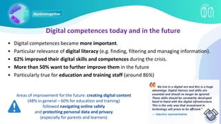 • Digital competences became more important.
• Particular relevance of digital literacy (e.g. finding, filtering and managing information).
• 62% improved their digital skills and competences during the crisis.
• More than 50% want to further improve them in the future
• Particularly true for education and training staff (around 86%)
Digital competences today and in the future
Areas of improvement for the future: creating digital content
(48% in general – 60% for education and training)
followed navigating online safely
and protecting personal data and privacy
(especially for parents and learners)
 