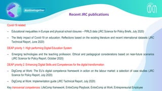 Covid-19 related
– Educational inequalities in Europe and physical school closures – PIRLS data (JRC Science for Policy Briefs, July 2020)
– The likely impact of Covid-19 on education: Reflections based on the existing literature and recent international datasets (JRC
Technical Report, June 2020)
DEAP priority 1: High performing Digital Education System
– Emerging technologies and the teaching profession. Ethical and pedagogical considerations based on near-future scenarios
(JRC Science for Policy Report, October 2020)
DEAP priority 2: Enhancing Digital Skills and Competences for the digital transformation
– DigComp at Work: The EU’s digital competence framework in action on the labour market: a selection of case studies (JRC
Science for Policy Report, July 2020)
– DigComp at Work: Implementation guide (JRC Technical Report, July 2020)
Key transversal competences: LifeComp framework; EntreComp Playbook; EntreComp at Work; Entrepreneurial Employee
Recent JRC publications
 