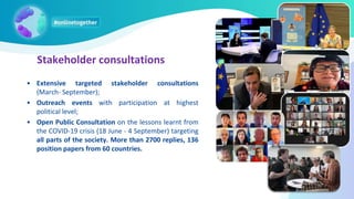 Stakeholder consultations
• Extensive targeted stakeholder consultations
(March- September);
• Outreach events with participation at highest
political level;
• Open Public Consultation on the lessons learnt from
the COVID-19 crisis (18 June - 4 September) targeting
all parts of the society. More than 2700 replies, 136
position papers from 60 countries.
 