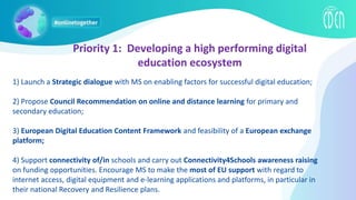 Priority 1: Developing a high performing digital
education ecosystem
1) Launch a Strategic dialogue with MS on enabling factors for successful digital education;
2) Propose Council Recommendation on online and distance learning for primary and
secondary education;
3) European Digital Education Content Framework and feasibility of a European exchange
platform;
4) Support connectivity of/in schools and carry out Connectivity4Schools awareness raising
on funding opportunities. Encourage MS to make the most of EU support with regard to
internet access, digital equipment and e-learning applications and platforms, in particular in
their national Recovery and Resilience plans.
 