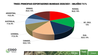 PÁGINA 6
ÍNDICE
JUNHO 2020
RÚSSIA;
36,0; 19%
UE ; 28,0;
15%
EUA;
25,9; 14%
CANADÁ;
24,5; 13%
UCRÂNIA;
17,5; 9%
AUSTRÁLIA;
17,0; 9%
ARGENTINA;
14,5; 8%
DEMAIS;
25,5; 13%
TRIGO: PRINCIPAIS EXPORTADORES MUNDIAIS 2020/2021 - MILHÕES T E %
 