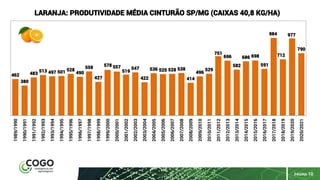 PÁGINA 10
462
380
483
513 497 501 528
490
558
427
578 557
519
547
422
536 525 528 538
414
496
529
751
696
582
686 698
591
984
712
977
790
1989/1990
1990/1991
1991/1992
1992/1993
1993/1994
1994/1995
1995/1996
1996/1997
1997/1998
1998/1999
1999/2000
2000/2001
2001/2002
2002/2003
2003/2004
2004/2005
2005/2006
2006/2007
2007/2008
2008/2009
2009/2010
2010/2011
2011/2012
2012/2013
2013/2014
2014/2015
2015/2016
2016/2017
2017/2018
2018/2019
2019/2020
2020/2021
LARANJA: PRODUTIVIDADE MÉDIA CINTURÃO SP/MG (CAIXAS 40,8 KG/HA)
 